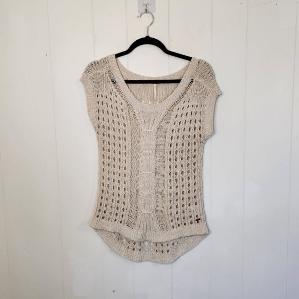 Temperance Short Sleeve Tan Crochet Knit Sweater Boho Bohemian Beach Feminine